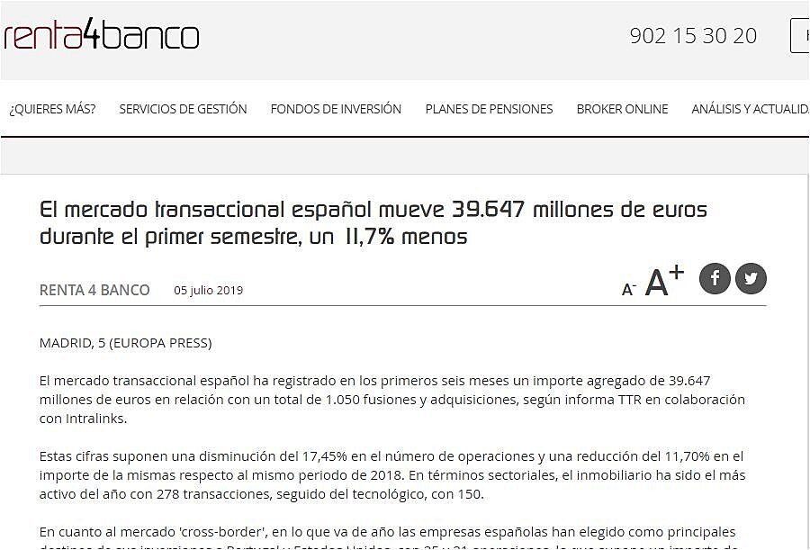 El mercado transaccional espaol mueve 39.647 millones de euros durante el primer semestre, un 11,7% menos